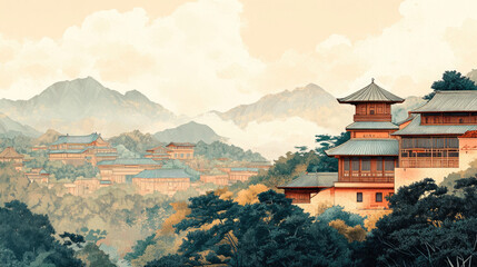 Fototapeta premium Palace architecture in Chinese painting