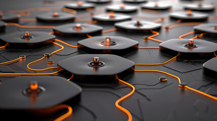 Obraz premium Digital web of nodes and connecting lines creates futuristic and dynamic visual. intricate design features glowing orange connections on sleek black surface, evoking sense of technology and