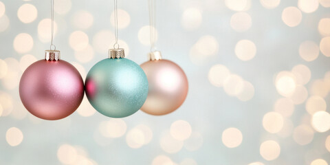 Fototapeta premium Colorful Christmas ornaments hang gracefully against soft, blurred background, creating festive and joyful atmosphere. shimmering decorations evoke spirit of holiday season