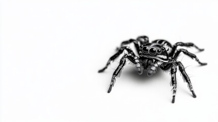 Close-up of a black jumping spider on a white background.