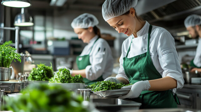 Freshly prepared greens are being carefully arranged in professional kitchen, showcasing dedication of chefs in vibrant culinary environment. atmosphere is filled with teamwork and passion for cooking