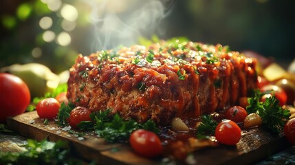 A close-up shot of a hearty meatloaf covered in sauce and garnished with tomatoes, parsley,