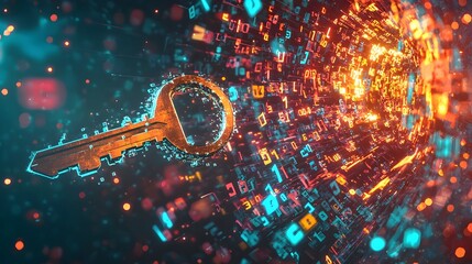 Conceptual depicting a digital key gradually dissolving and blending into a background of binary code symbolizing the concepts of cybersecurity data protection