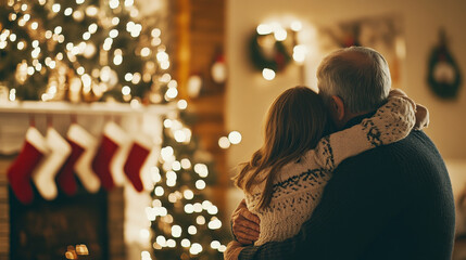 Obraz premium A warm embrace between man and woman in cozy setting, surrounded by festive decorations and beautifully lit Christmas tree. scene captures joy and love of holiday season