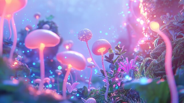 Enchanted Digital Renaissance Fantasy Landscape with Animated Characters and Glowing Flora and Fauna in 3D Render Illustration