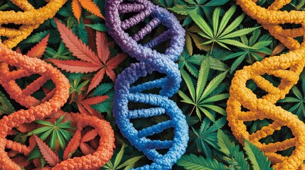 Colorful DNA strands over a bed of cannabis leaves, symbolizing genetic research and the potential of medical marijuana.