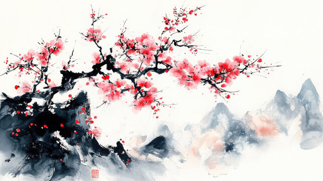 Red plum blossoms bloom all over the branches