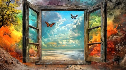 A conceptual digital artwork depicting a vibrant shifting color portal framed by a minimalist window opening into a dreamlike surreal world of imagination and possibility