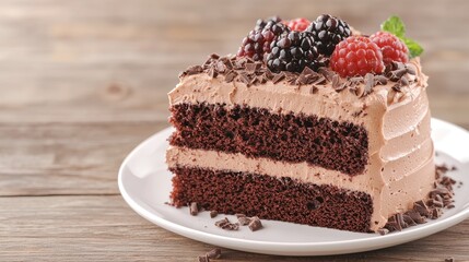 Decadent Chocolate Cake Slice with Berries and Chocolate Shavings