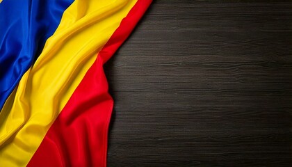 Romanian flag on wooden dark background with space for text
