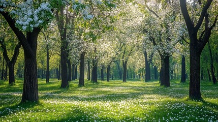 Obraz premium Sunlit grove with blooming trees and green grass, creating a tranquil spring atmosphere.