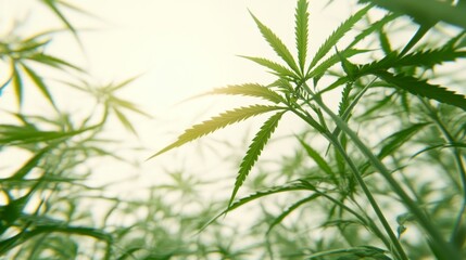 Obraz premium Low angle view of green cannabis plants with sunlight shining through.