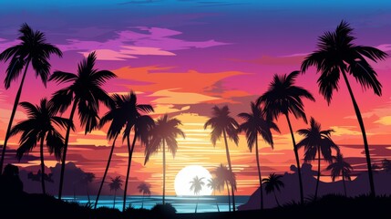 Obraz premium Vector art of palm trees at sunset, with a blue and purple sky, in a simple vector style, as clipart, on a white background