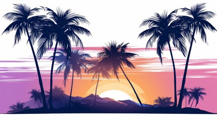 Obraz premium Vector art of palm trees at sunset, with a blue and purple sky, in a simple vector style, as clipart, on a white background