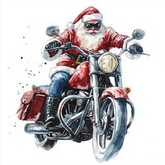 Fototapeta premium Santa Claus rides a motorcycle, exuding a fun, adventurous spirit with his iconic red suit, cool sunglasses, and festive spirit.