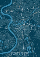 Map of Duisburg, Germany, rendered in a minimalist style. The map features a dark blue background with white lines representing roads and waterways.