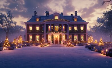 Obraz premium A large, elegant mansion decorated for Christmas with lights and wreaths on the front door, surrounded by snow-covered gardens and trees