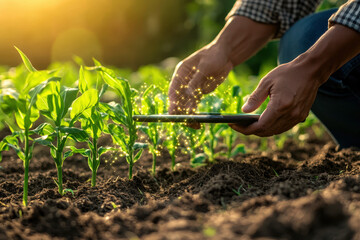 Fototapeta premium Smart farming is illustrated featuring the growth of corn seedlings accompanied by infographics emphasizing smart farming and precision agriculture