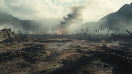 Desolate battlefield remnants, shattered weapons strewn across the ground, smoke billowing ominously in the distance