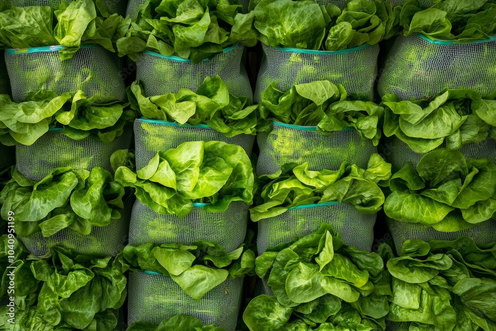 Poster symmetrical aerial view of fresh green lettuce bags creating a geometric pattern