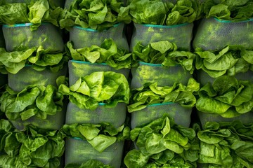 Fototapeta premium Symmetrical Aerial View of Fresh Green Lettuce Bags Creating a Geometric Pattern