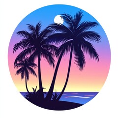 Vector art of palm trees at sunset, with a blue and purple sky, in a simple vector style, as clipart, on a white background