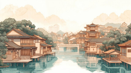 Obraz premium Palace architecture in Chinese painting