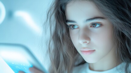 Fototapeta premium Digital Connection: A young woman with long, dark hair gazes intently at a digital tablet, her expression a blend of focus and curiosity.