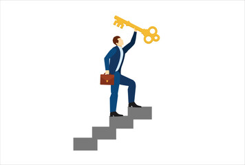 Key to business success, stairway to find secret key or achieve career target concept, businessman winner walk up to top of stairway lifting golden success key to the sky.