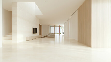 Obraz premium Modern interior design with spacious living area featuring minimalist decor, large windows, and natural light. clean lines and neutral colors create serene atmosphere