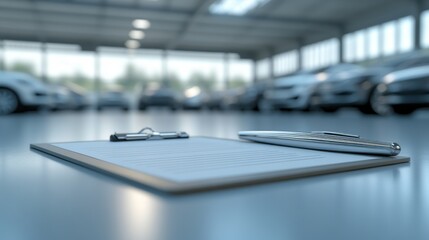 Car Dealership Clipboard: A close-up shot of a clipboard with a pen resting on it, set against a blurred backdrop of a car dealership showroom.