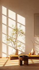 A serene interior scene featuring minimalist design with natural light casting beautiful shadows. room includes decorative plants in vases, enhancing tranquil atmosphere