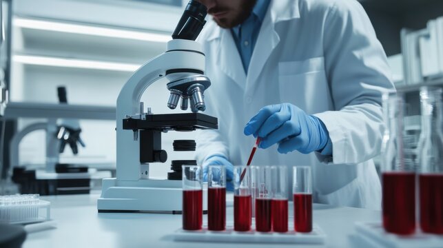A laboratory technician analyzing blood samples in a modern lab with microscopes and test tubes visible, Analytical style, photo of