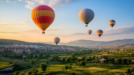Fototapeta premium A serene landscape with whimsical balloons gracefully drifting and rising above the lush verdant meadow creating a captivating and dream like atmosphere