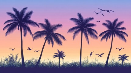 Obraz premium Vector art of palm trees at sunset, with a blue and purple sky, in a simple vector style, as clipart, on a white background