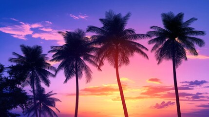 Obraz premium Vector art of palm trees at sunset, with a blue and purple sky, in a simple vector style, as clipart, on a white background