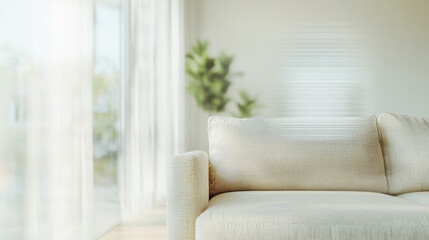 A cozy and inviting living room scene featuring light colored sofa, bathed in natural light from large windows. soft textures and greenery create serene atmosphere