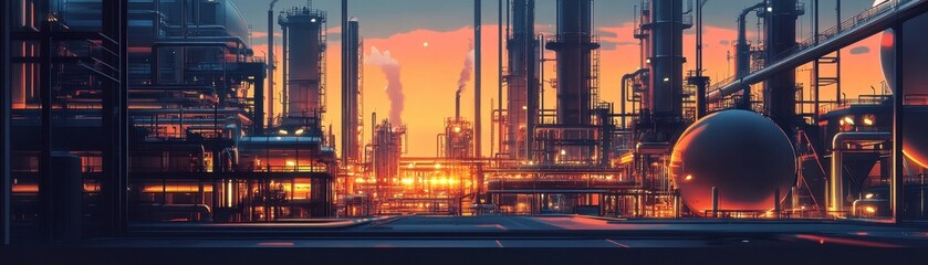 Fototapeta premium A vibrant industrial scene at sunset, showcasing towering structures and intricate machinery under a colorful sky.