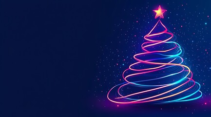 A glowing neon blue Christmas tree with colorful lights on a dark background