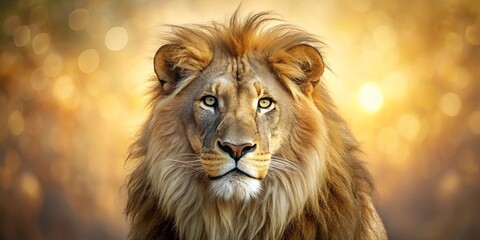 Fototapeta premium A regal lion with a golden mane, gazing intensely at the viewer, bathed in the warm glow of a setting sun, radiating power and majesty.