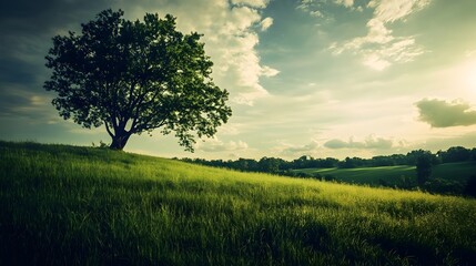Obraz premium Vibrant Green Landscape Under Bright Sky Scenic Photography Lush Foliage Grassy Field and Mountainous Horizon in Serene and Idyllic Natural Setting