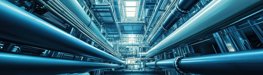 Obraz premium A perspective view of industrial pipes in a modern facility, illustrating their design and arrangement in a high-tech environment.