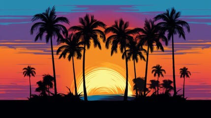 Fototapeta premium Colorful vector art illustration of palm tree silhouettes at sunset, showcasing a stunning blue, purple, and orange sky. 