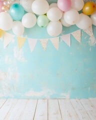 Festive Blue Birthday Party Room with Balloons and Banners, Empty Space for Text