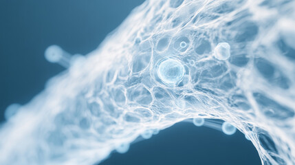 A close up view of translucent, organic structure resembling cells or fibers, showcasing intricate details and soft blue background. This image evokes sense of scientific exploration and discovery