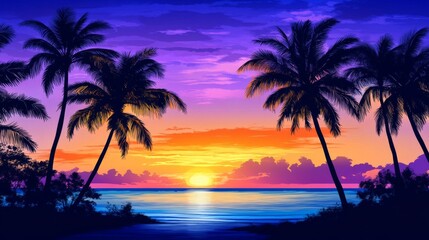 Fototapeta premium Colorful vector art illustration of palm tree silhouettes at sunset, showcasing a stunning blue, purple, and orange sky. 
