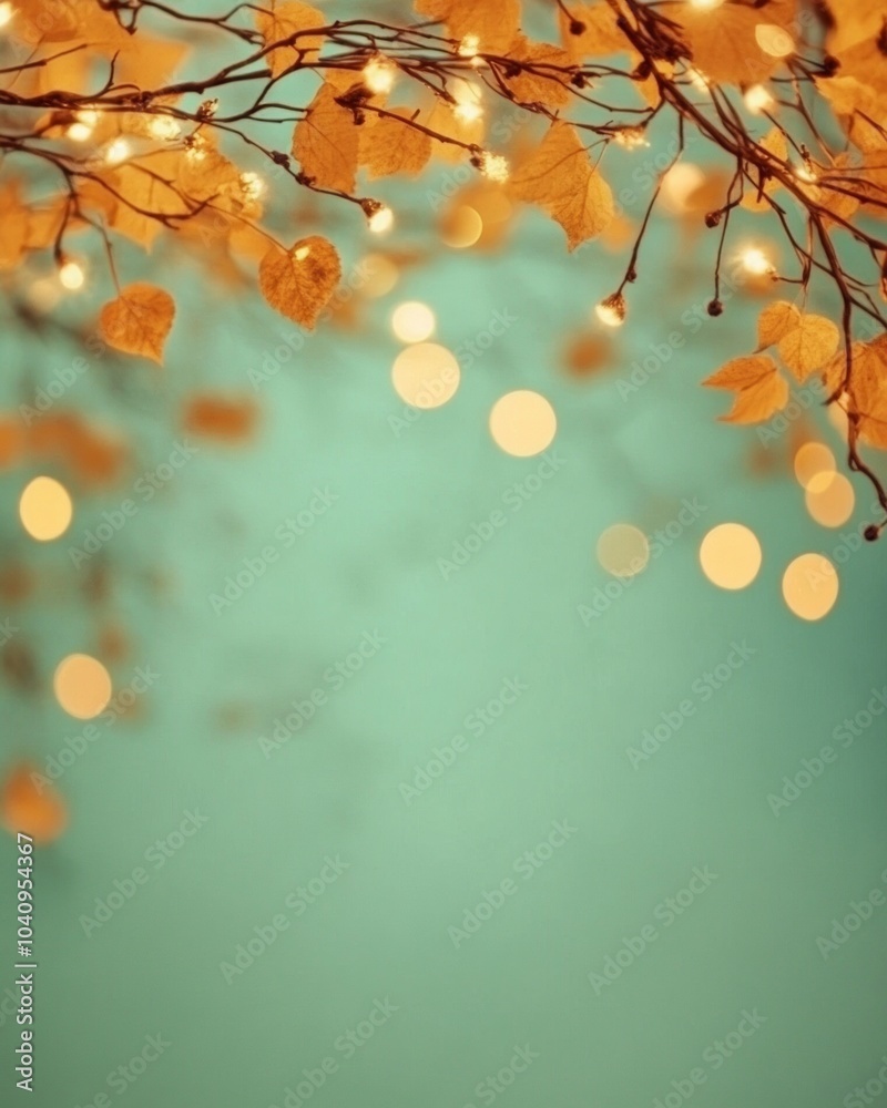 Poster Ambient Autumn Branches with Warm Fairy Lights and Soft Bokeh Background