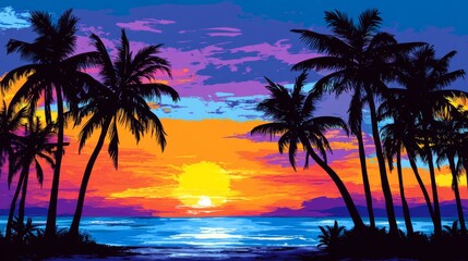 Colorful vector art illustration of palm tree silhouettes at sunset, showcasing a stunning blue, purple, and orange sky. 