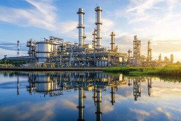 Fototapeta premium A vibrant industrial landscape featuring towering structures reflecting in a calm body of water under a clear sky.