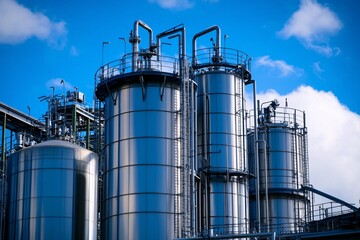 Obraz premium The image features large metallic storage tanks under a clear blue sky, indicative of industrial processes or chemical manufacturing.